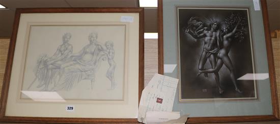 Gaston Goor, two original drawings, Apollo and Daphne and Juno and Apollo, 30 x 40cm largest